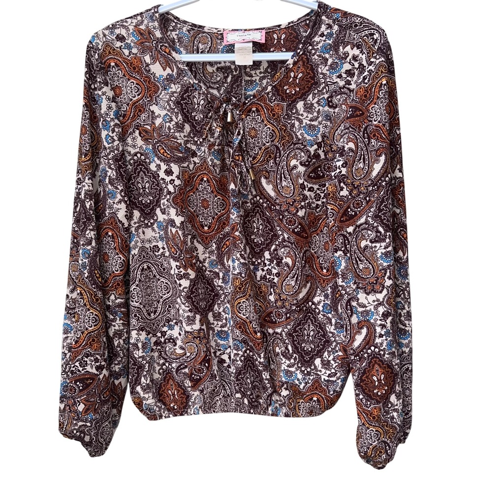 C'est La Vie Womens Paisley Blouse Brown Orange Boho Tie Neck Long Sleeve Top M